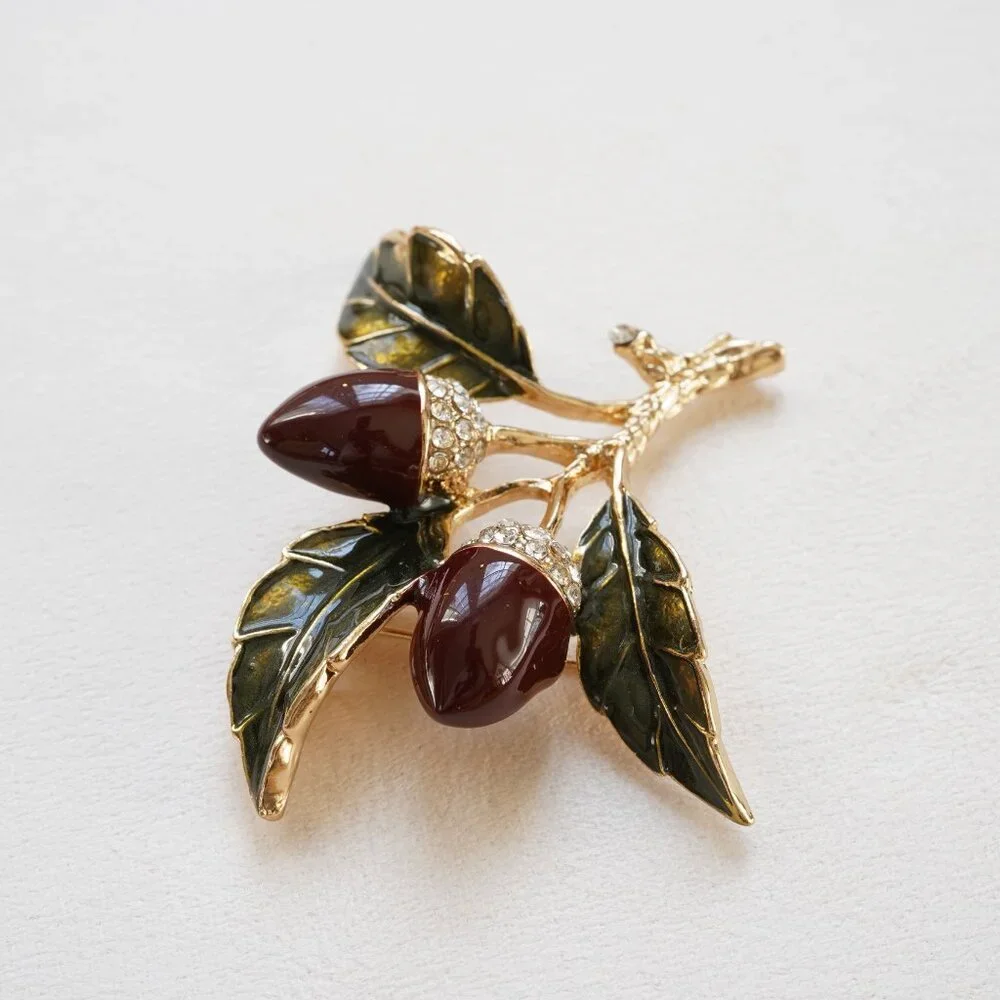 Vintage Style Enameled Acorn Brooch